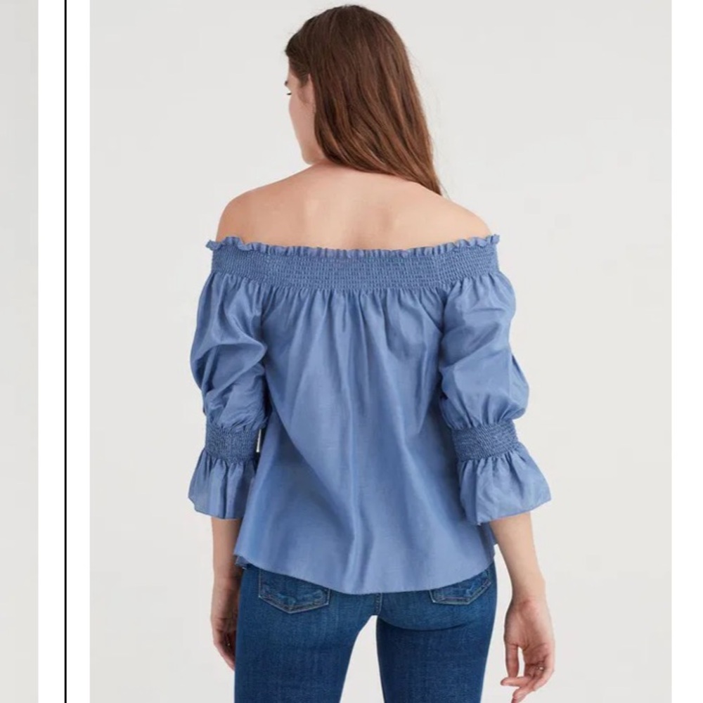 7 FOR ALL MANKIND Silk Off Shoulder Smock Top Blue Size XS Bohemian Cottagecore - Picture 11 of 14